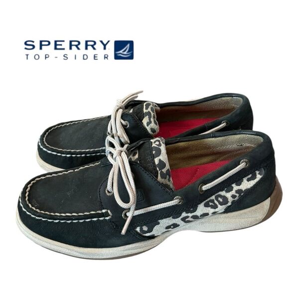 Sperry Top-Sider Women's Angelfish Black Leather Leopard Boat Shoes Loafers 8.5 - Picture 1 of 6